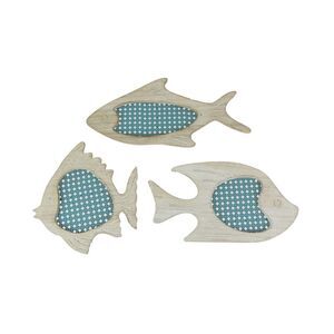 Set of 3 Blue and White Wood and Metal Mesh Fish Wall Hangings